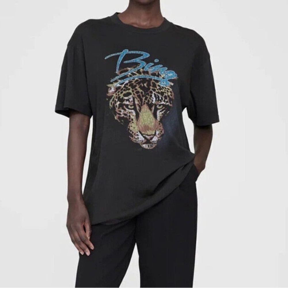ANINE BING Leopard Tiger Head Print Women Short Sleeved T-shirt Washed  Black M